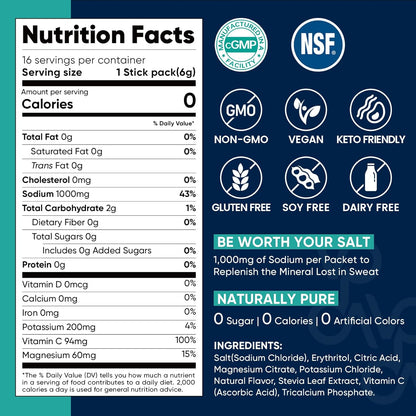 Venture Pal High Sodium Sugar Free Electrolytes Powder Pack,Zero Calories - 30 Sticks