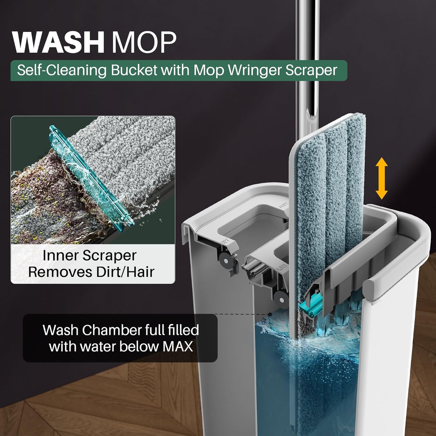 JOYMOOP Microfiber Mop and Bucket Set, White Flat Mop and Bucket with Wringer Set