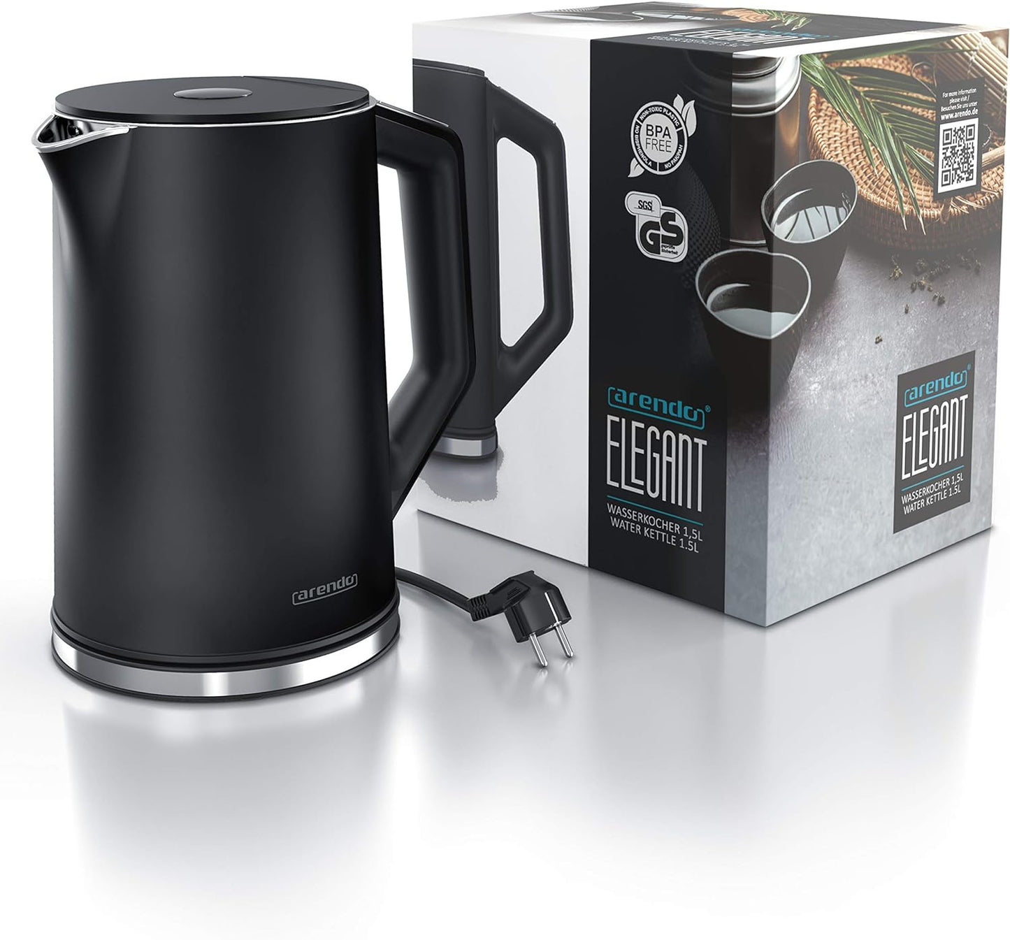 Arendo - Stainless steel kettle with temperature setting 40-100 degrees in 5 steps - Double wall design - Elegant model - 1.5 litres - 2200 W - Tea kettle with temperature display - GS - Black