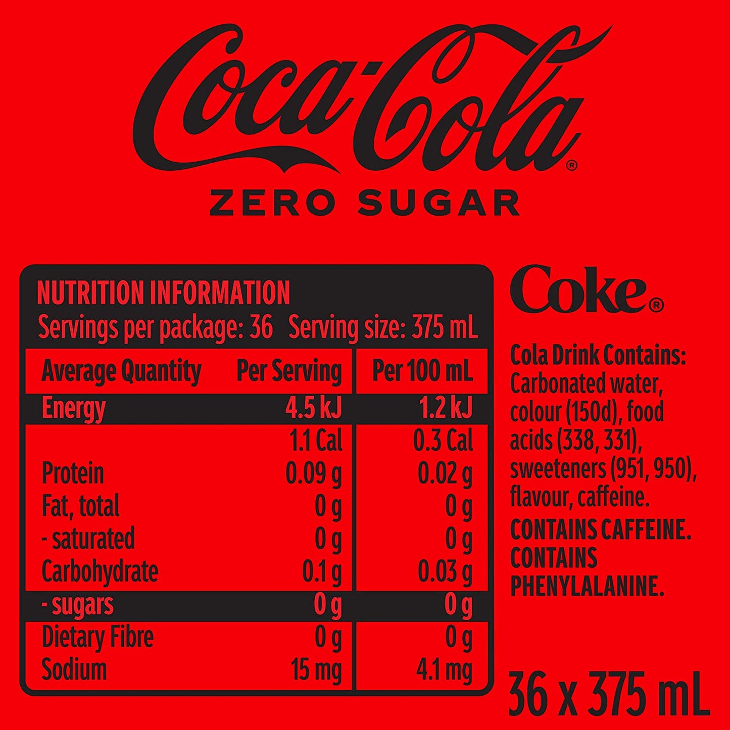 Coca-Cola Zero Sugar Soft Drink Cans 36 x 375mL