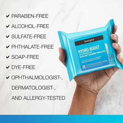 Hydro Boost Facial Cleansing Towelettes + Hyaluronic Acid, Hydrating Makeup Remover Face Wipes Remove Dirt & Waterproof Makeup, Hypoallergenic, 100% Plant-Based Cloth, 2 x 25 ct