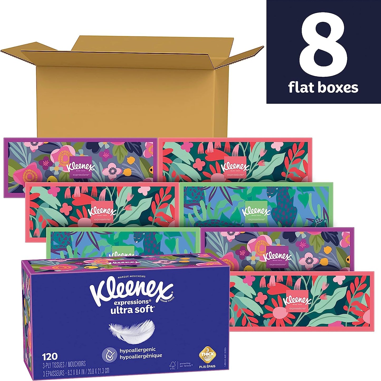 Kleenex Expressions Ultra Soft Facial Tissues, Soft Facial Tissue, 8 Flat Boxes, 120 Tissues per Box, 3-Ply (960 Total Tissues)