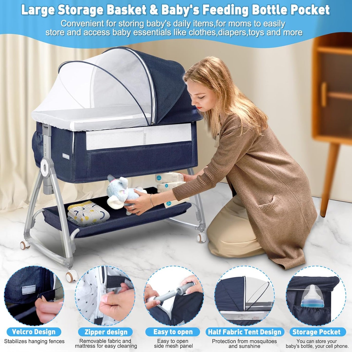 3 in 1 Baby Bassinet, Bedside Sleeper for Baby, Bedside Crib with Wheels & Storage Basket & Mosquito Net, Height Adjustable Baby Bed, Portable Bassinet for Newborn/Infant（Blue）