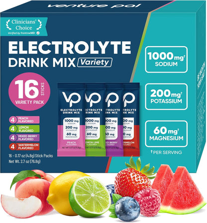 Venture Pal High Sodium Sugar-Free Electrolyte Powder Packets ,Zero Calories | Vegan, Keto, and Paleo Friendly | 16 Sticks