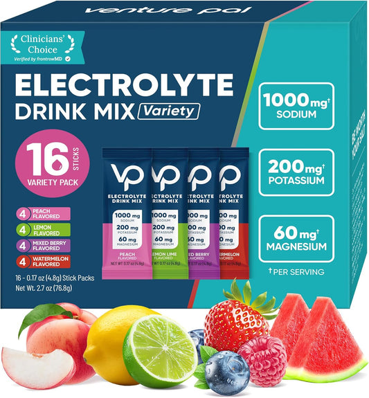 Venture Pal High Sodium Sugar-Free Electrolyte Powder Packets ,Zero Calories | Vegan, Keto, and Paleo Friendly | 16 Sticks