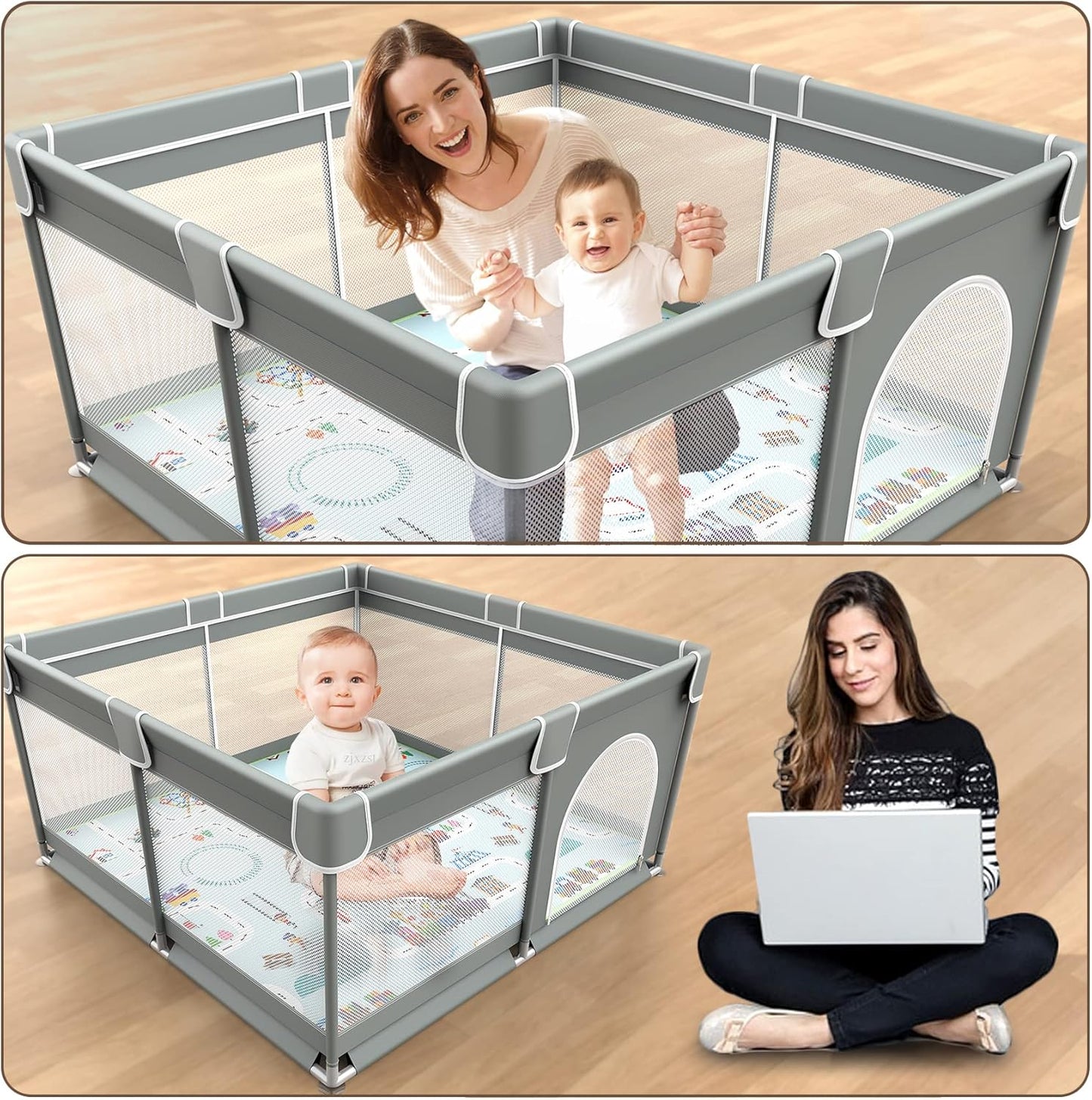 VANCLE Baby Playpen with Mat 127cm x 127cm Playpen for Babies and Toddlers, Gray (127cmx127cm