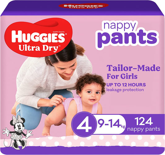 Huggies Ultra Dry Nappy Pants Girl Size 4, 62 Nappies (9-14kg)