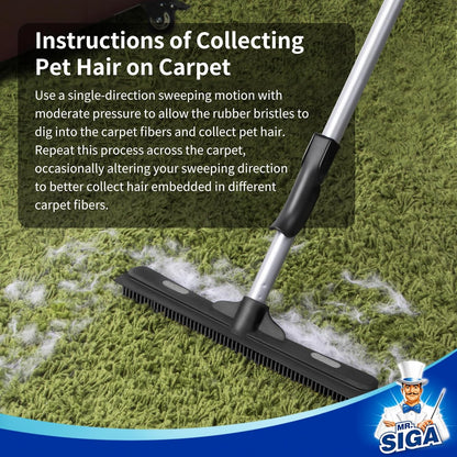 MR.SIGA Pet Hair Removal Rubber Broom with Built in Squeegee, 3 in 1 Floor Brush