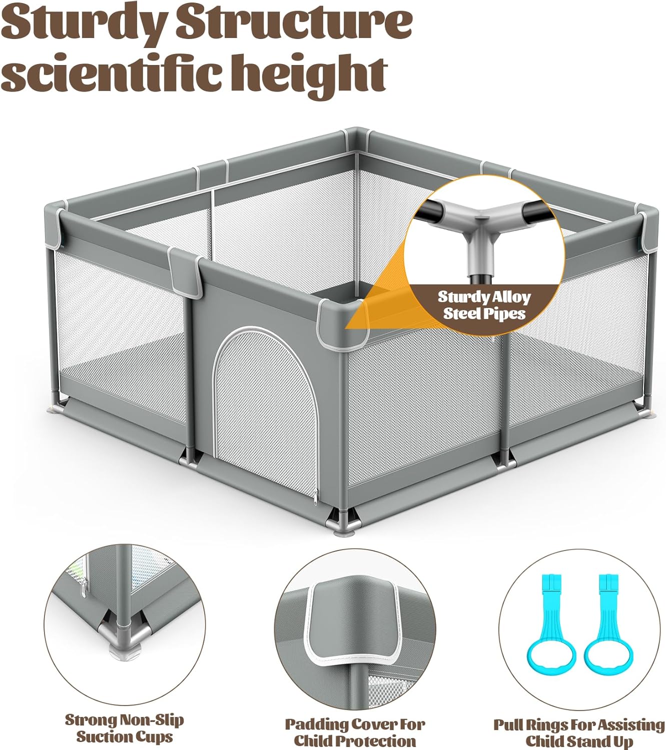 VANCLE Baby Playpen with Mat 127cm x 127cm Playpen for Babies and Toddlers, Gray (127cmx127cm