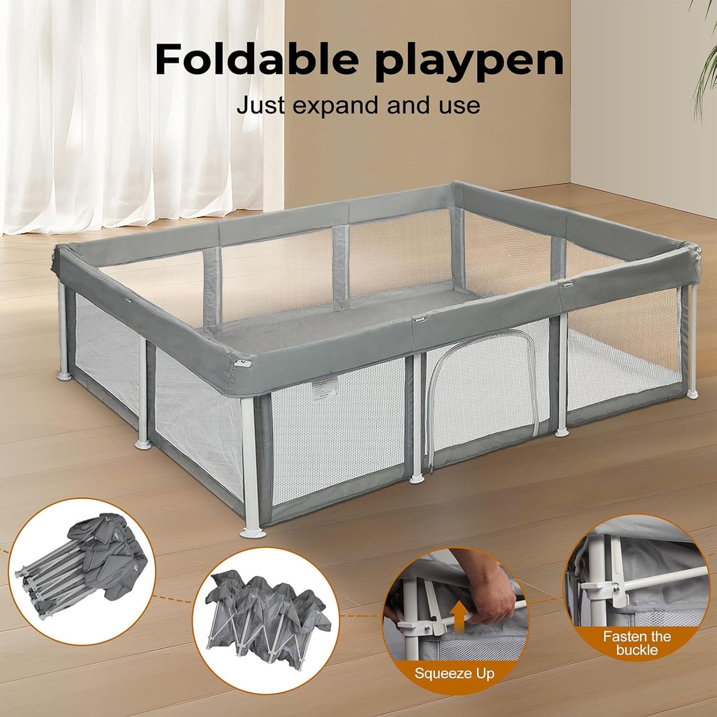 Bopeep Kids Playpen, Foldable Baby Fence, Toddler Play Yards for Indoor & Outdoor, Grey (120cm x 180cm x 65cm)