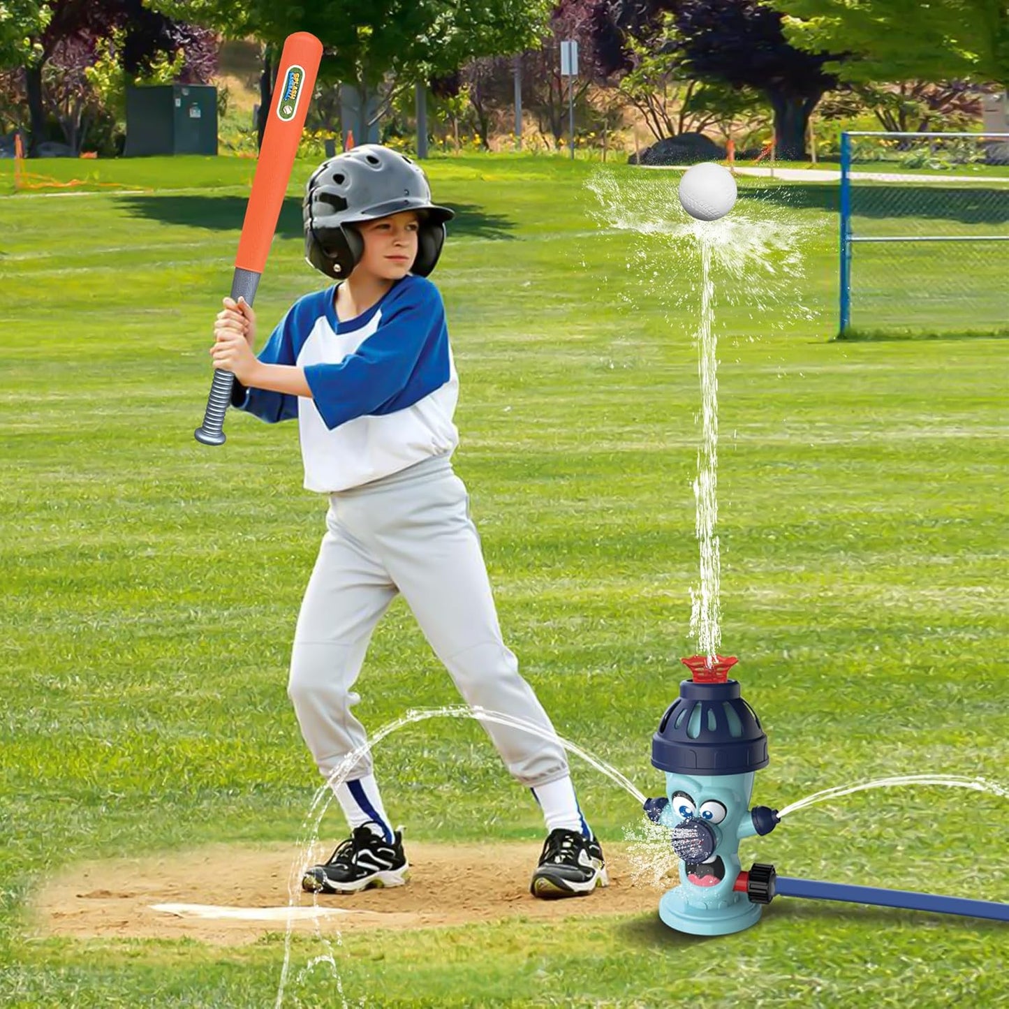 Cute Fire Sprinkler Water Toys for Kids with Baseball Game Set,Summer Outdoor Kids Play Equipment with 2 Balls, Kids Sprinklers for Yard,Water Spray Sprinkler for Kids Boys & Girls Age 3+ Years (A)