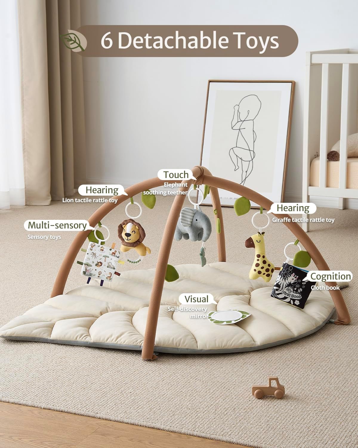 Baby Glide  Baby Play Gym & Activity Mat, Leaf Shaped Baby Tummy Time Play Mat with 6 Detachable Toys