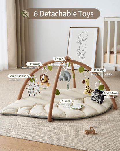 Baby Glide  Baby Play Gym & Activity Mat, Leaf Shaped Baby Tummy Time Play Mat with 6 Detachable Toys