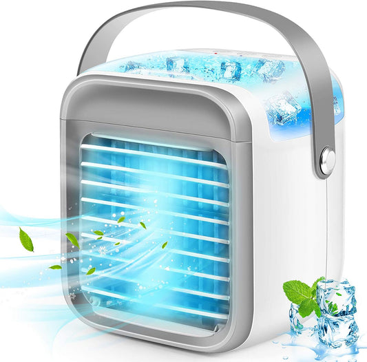 Portable Air Cooler, Rechargeable Evaporative Air Conditioner Fan with 3 Speeds 7 Colors, 3 in 1 Air Cooler with Water Tank, Cordless Personal Air Cooler with Handle for Home, Office and Room