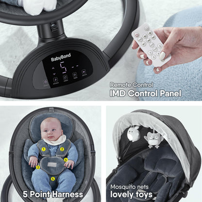 BabyBond Baby Swings for Infants, Bluetooth Infant Swing with Music Speaker with 3 Seat Positions, 5 Point Harness Belt, 5 Speeds and Remote Control - Portable Baby Swing for Indoor and Outdoor