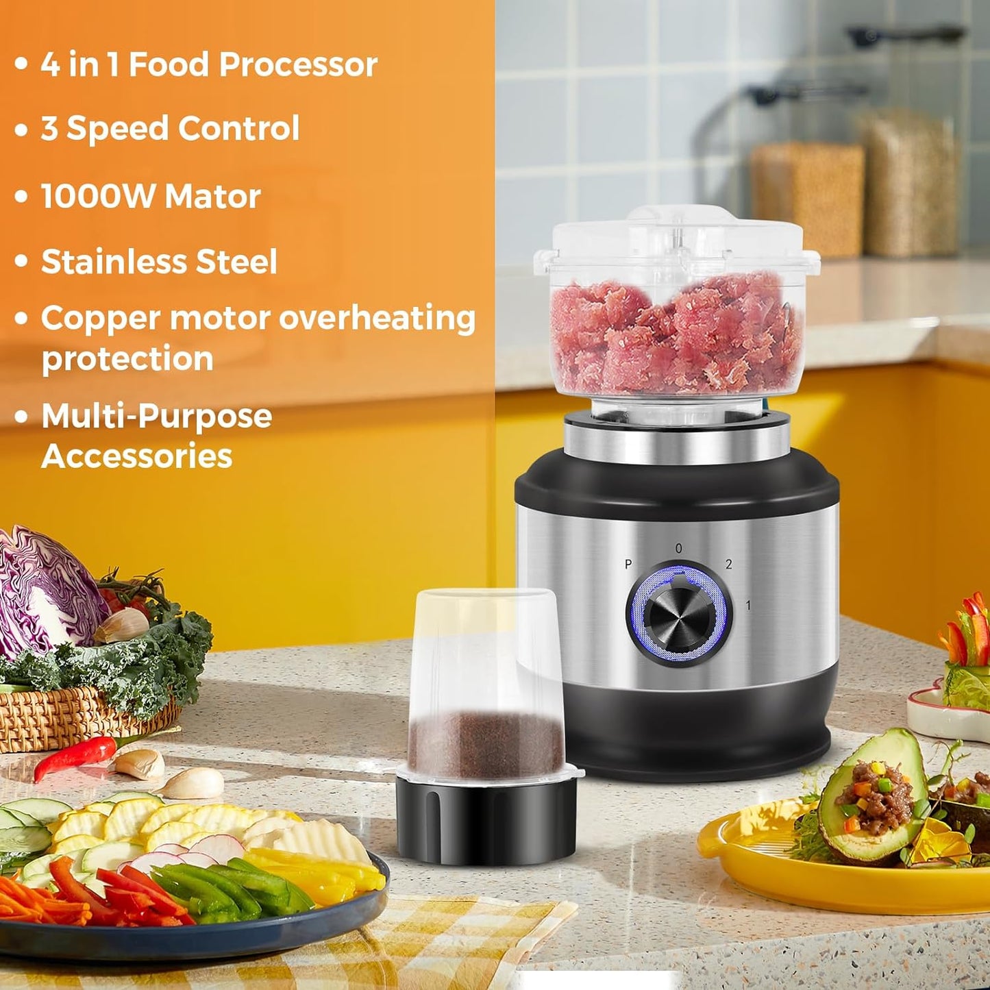 ADVWIN Multi Blender, 4 in 1 Food Processor, 1000W Kitchen Electric Food Chopper, Juicer Meat Mixer Grinder, Garlic Chopper, Vegetable & Fruits Juice Blender Mixer, Silver