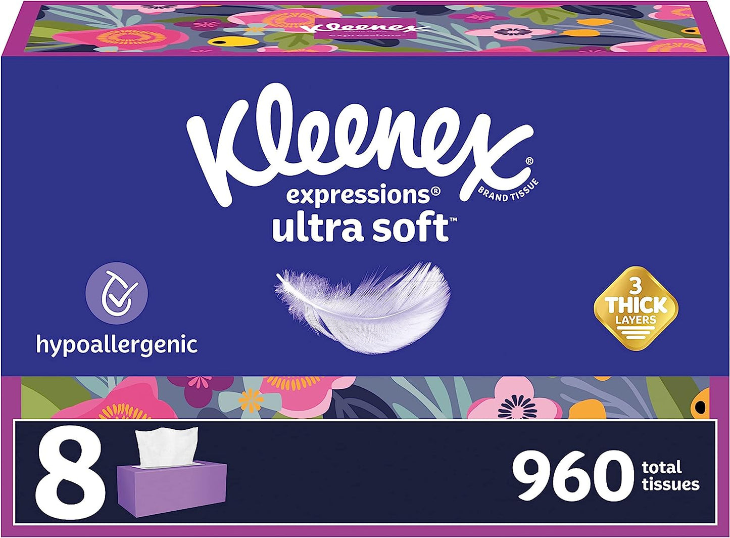 Kleenex Expressions Ultra Soft Facial Tissues, Soft Facial Tissue, 8 Flat Boxes, 120 Tissues per Box, 3-Ply (960 Total Tissues)