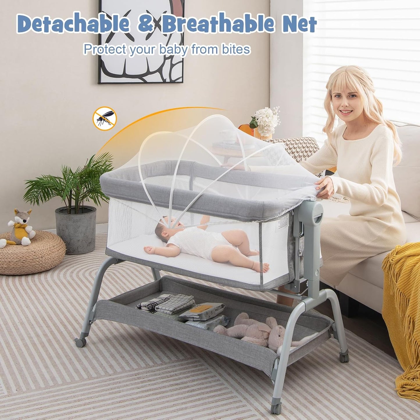 BABY JOY 4 in 1 Baby Bassinet with Mattress, 6 Adjustable Height, Mosquito Net & Lockable Wheels(Light Grey)