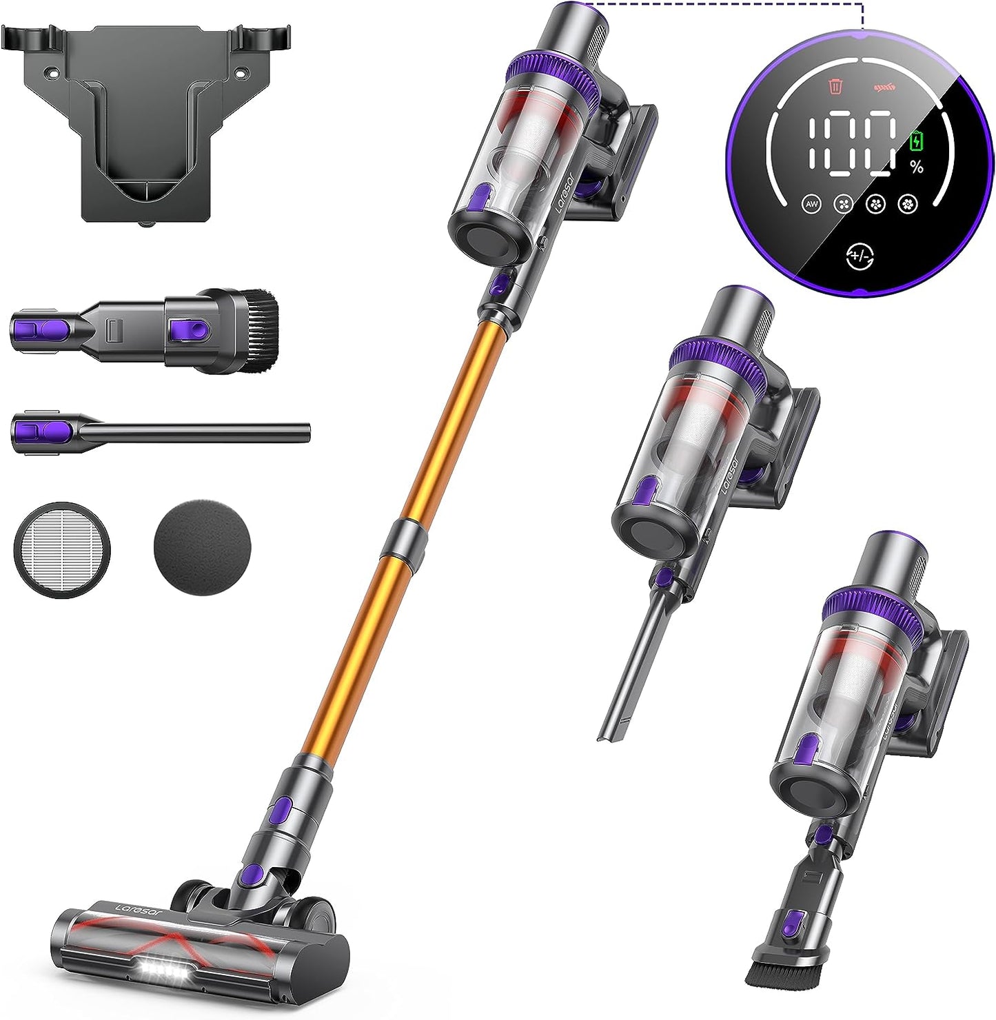 Laresar Cordless Vacuum Cleaner, 33000Pa Stick Vacuum,50Mins Detachable Battery with LCD Touchscreen 3-Speed Adjustment, 400W
