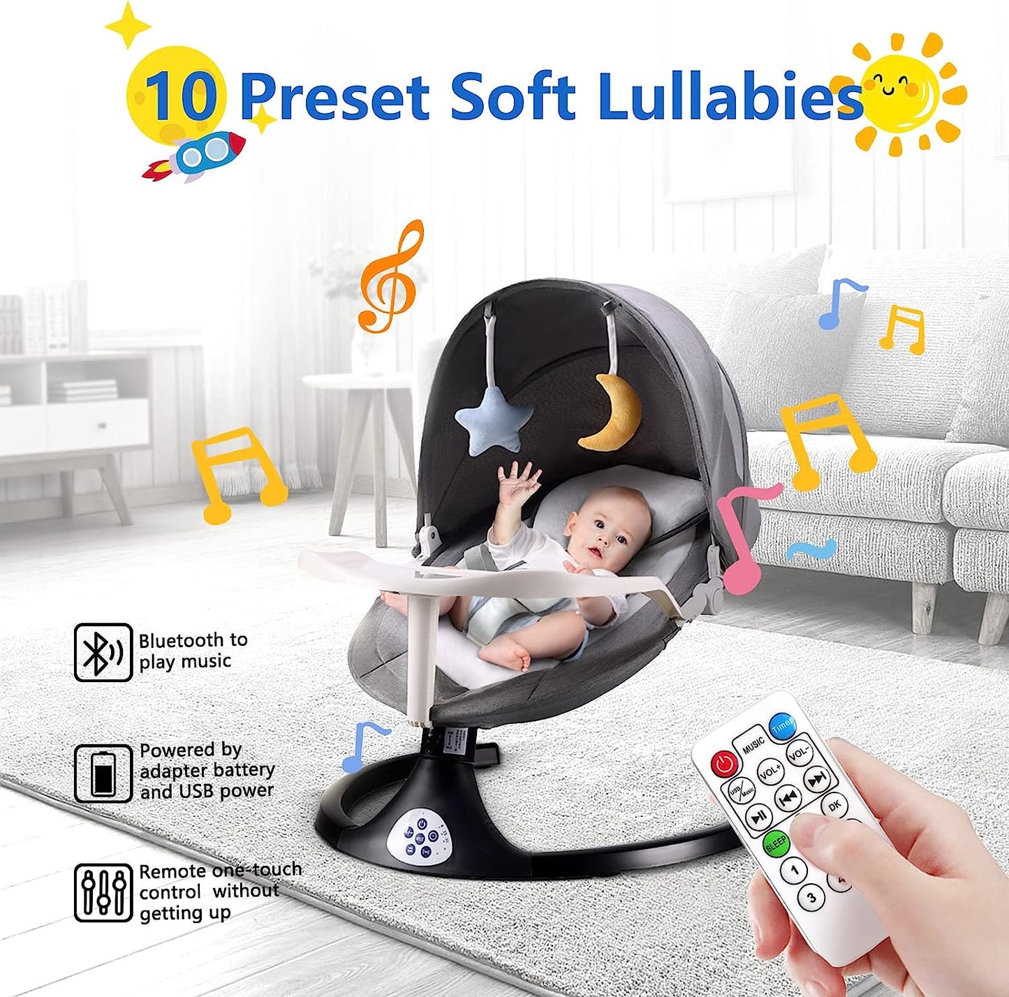Baby Swing for Infants, 5 Speed Electric Bluetooth Rocker Newborn, 3 Timer Settings & 10 Pre-Set Lullabies