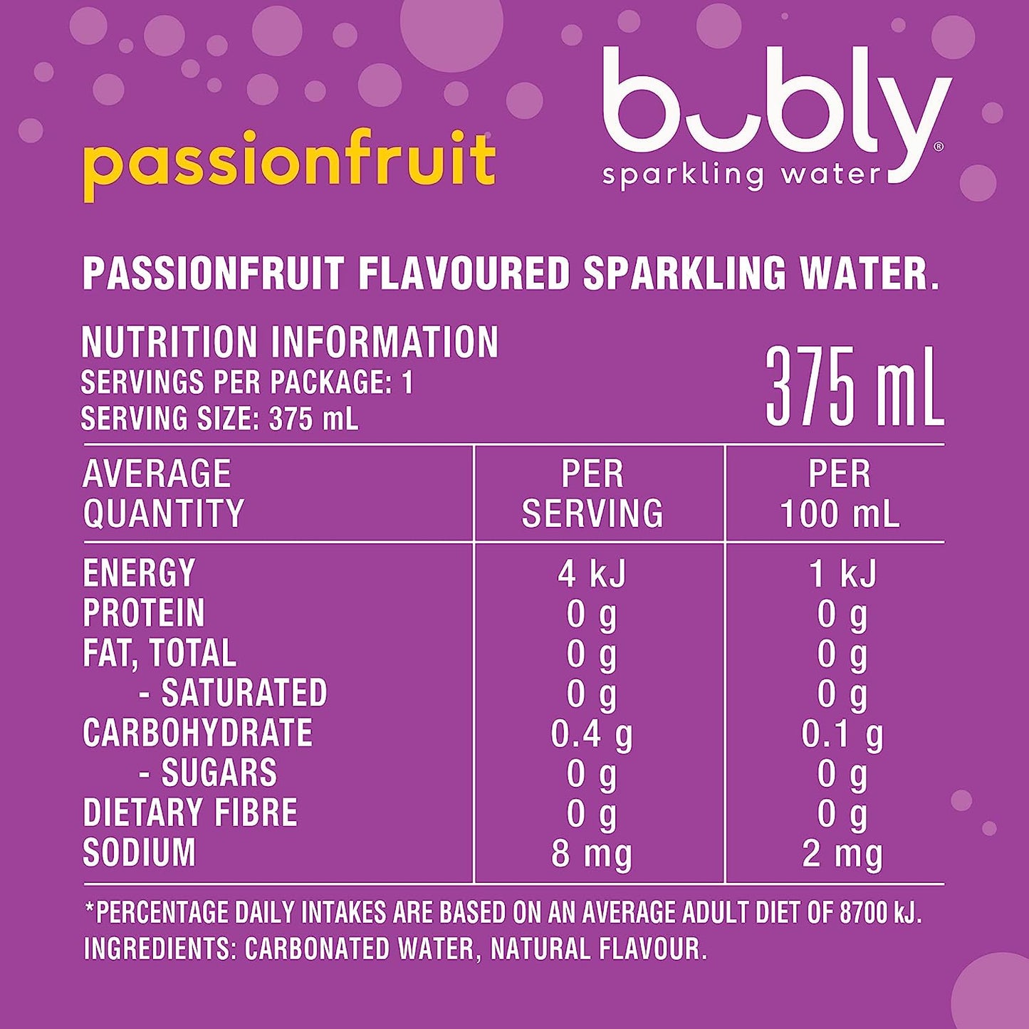 Bubly Passionfruit Flavoured Sparkling Water Can 375 ml 8 pack
