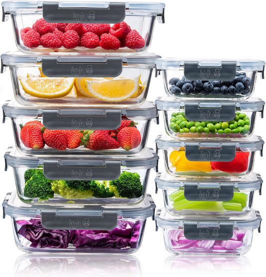 Meal Prep Glass Food Storage Containers 10 Pack, Glass Meal Prep Containers with Snap Lock Leakproof Lids, Reusable Microwave safe BPA-free Lunch..