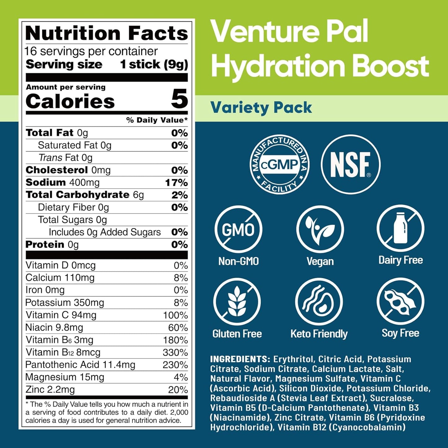 Venture Pal Sugar Free Electrolyte Powder Packets - Liquid Daily IV Hydration Packets for Rapid Rehydration | 7 Electrolytes & 5 Vitamins | Keto Friendly | Non-GMO | Vegan | Fast Dissolve | 16 Sticks