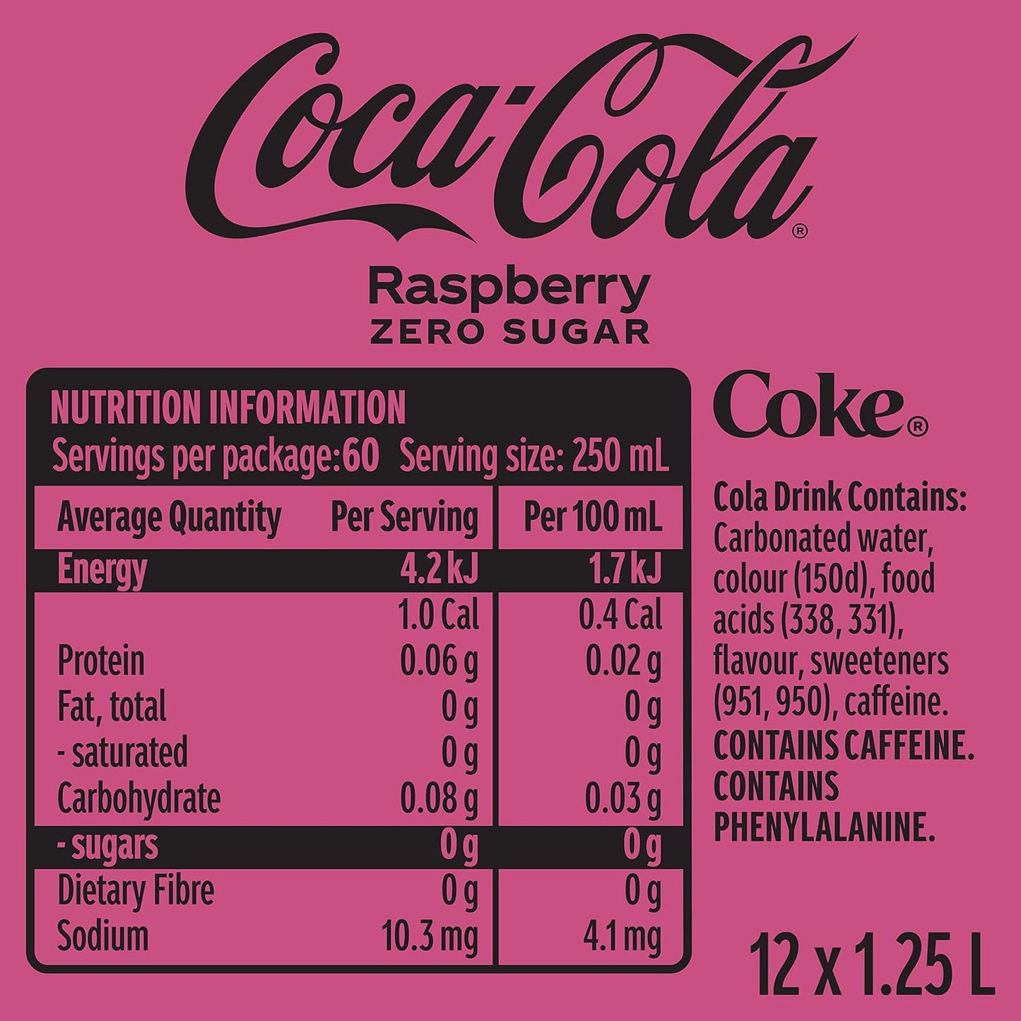 Coca-Cola Zero Sugar Raspberry Soft Drink Multipack Bottles 12 x 1.25L