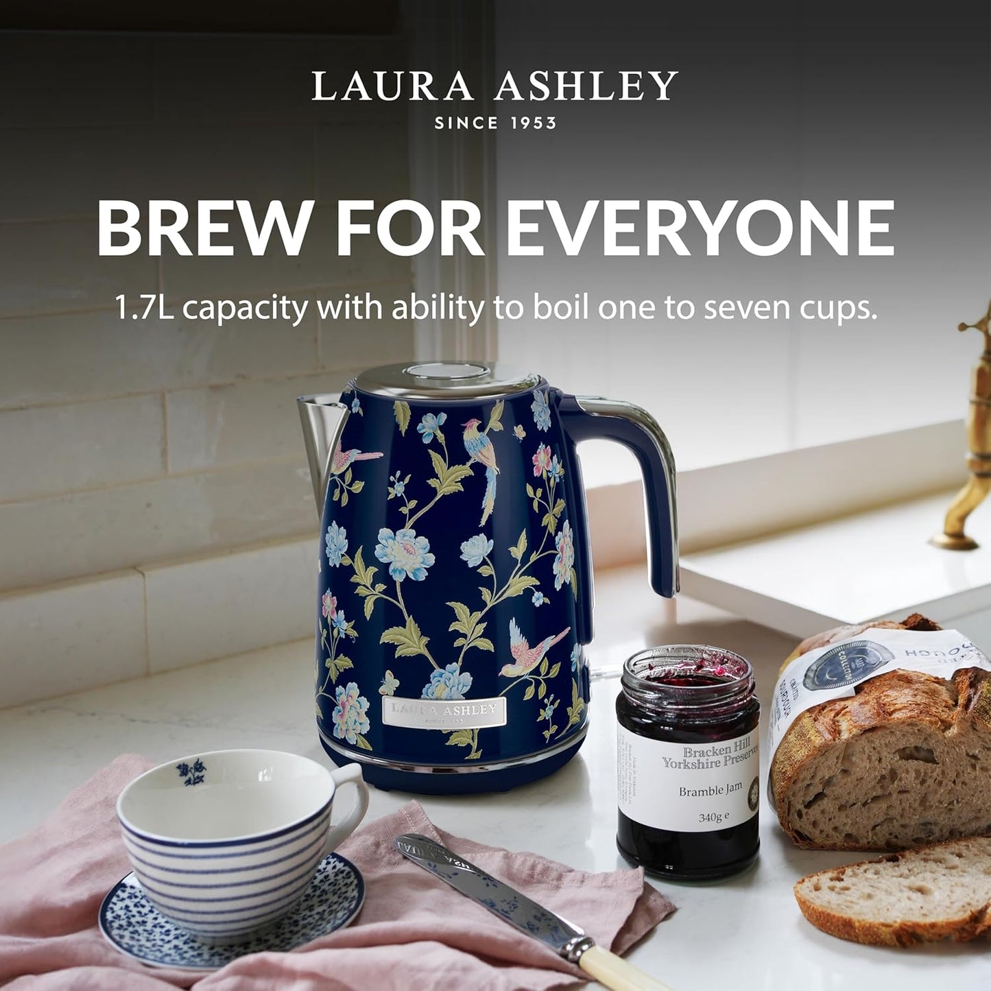 Laura Ashley Elveden Navy 1.7 Litre Stainless Steel Electric Kettle - 3KW Kettles Electric Fast Boil Quiet - Cordless Kettle with 360 Degree Power Base