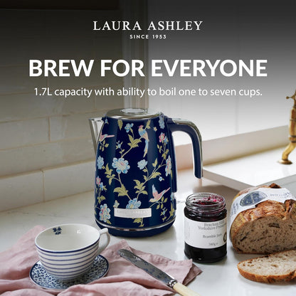 Laura Ashley Elveden Navy 1.7 Litre Stainless Steel Electric Kettle - 3KW Kettles Electric Fast Boil Quiet - Cordless Kettle with 360 Degree Power Base