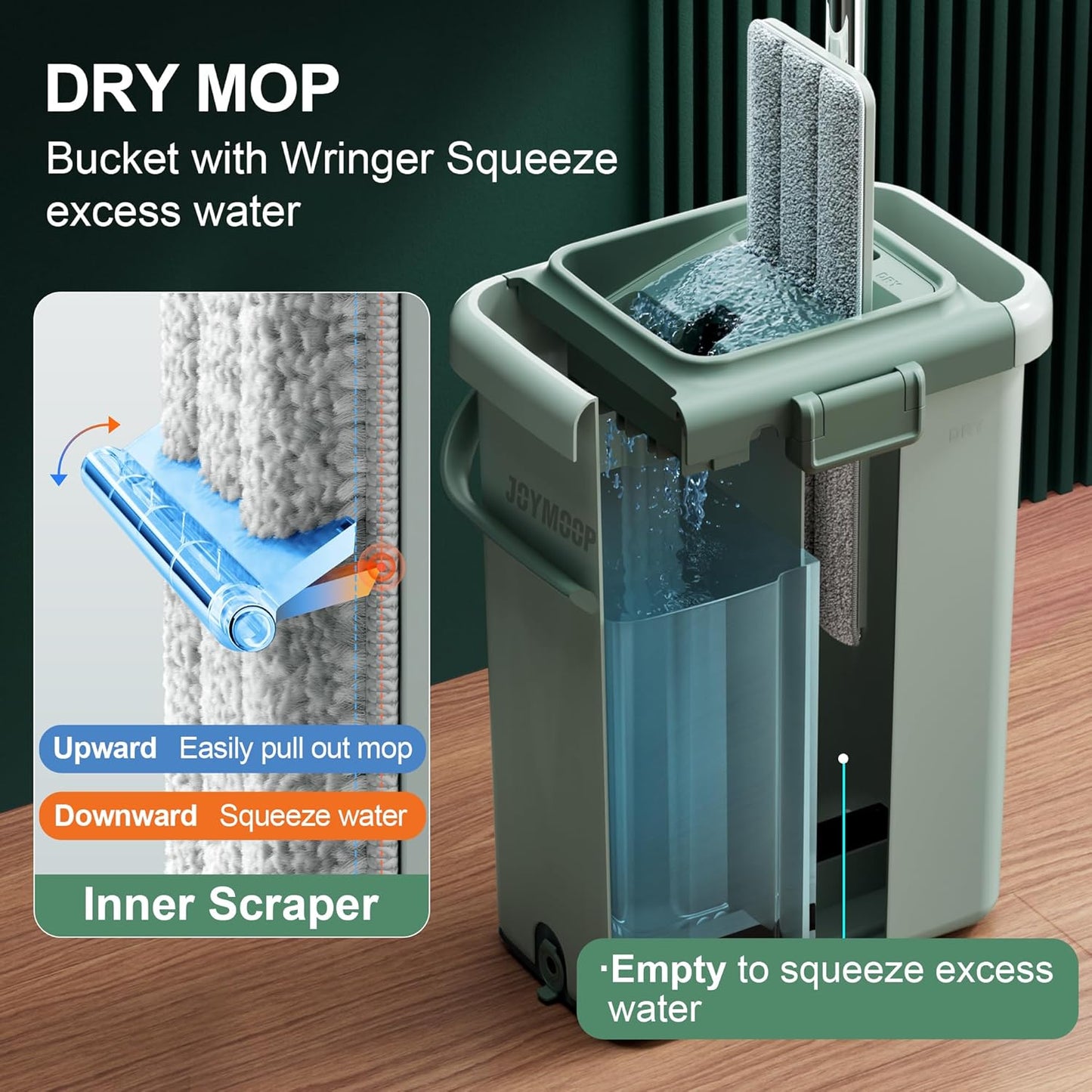 JOYMOOP Mop and Bucket Set with Wringer, Dust Mops for Floor Cleaning, Wall Cleaner with Long Handle, Microfiber Mop - Green Bucket with 3 Reusable 15" Microfiber Pads