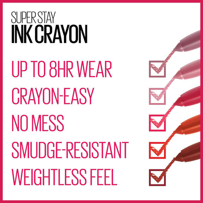 Maybelline Super Stay Ink Crayon Lipstick Makeup, Precision Tip Matte Lip Crayon with Built-in Sharpener, Longwear Up To 8Hrs, On The Grind, Purple Mauve Pink