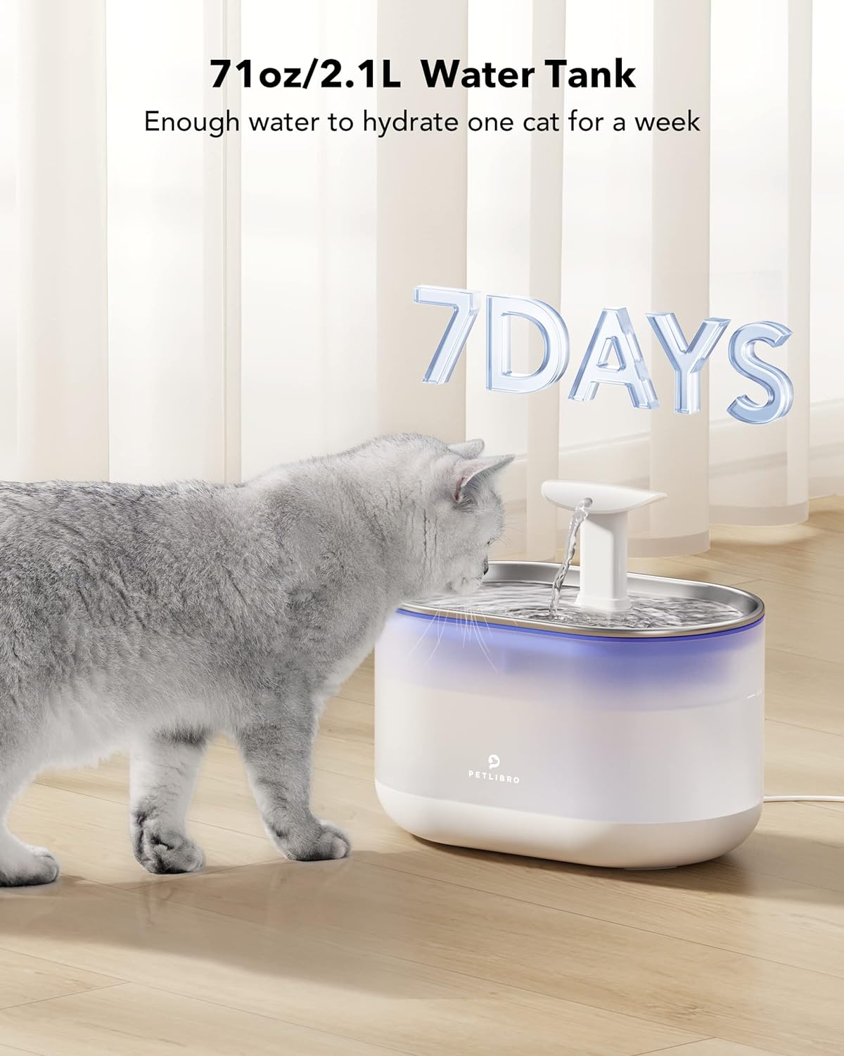 Cat Water Fountain Stainless Steel,Ultra Quiet,71fl oz/2.1L Automatic Cat Fountain,Two Flow Modes,BPA-Free Capsule Metal Healthy Pet Water Fountain for Cats Inside with 4 Large Filters