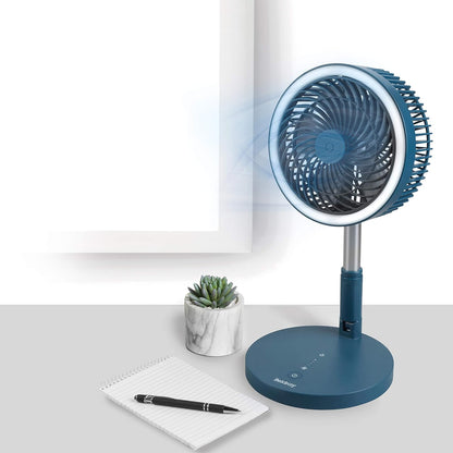 Beldray EH3413B Cooling Fan, Cordless Folding 3 In 1 Cooler, USB Rechargeable Desk/Pedestal/Wall Fan, For Home, Office, Bedroom, Adjustable Standing Room Fan, LED Ring Light, 3 Speed Settings, Blue