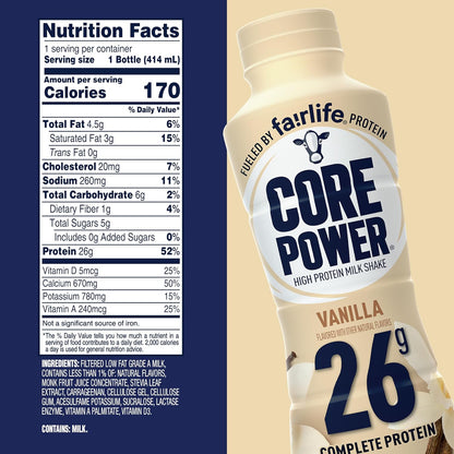 Core Power Fairlife 26g Protein Milk Shakes, Ready To Drink for Workout Recovery Liquid, Vanilla, 14 Fl Oz Bottle, kosher (Pack of 12)