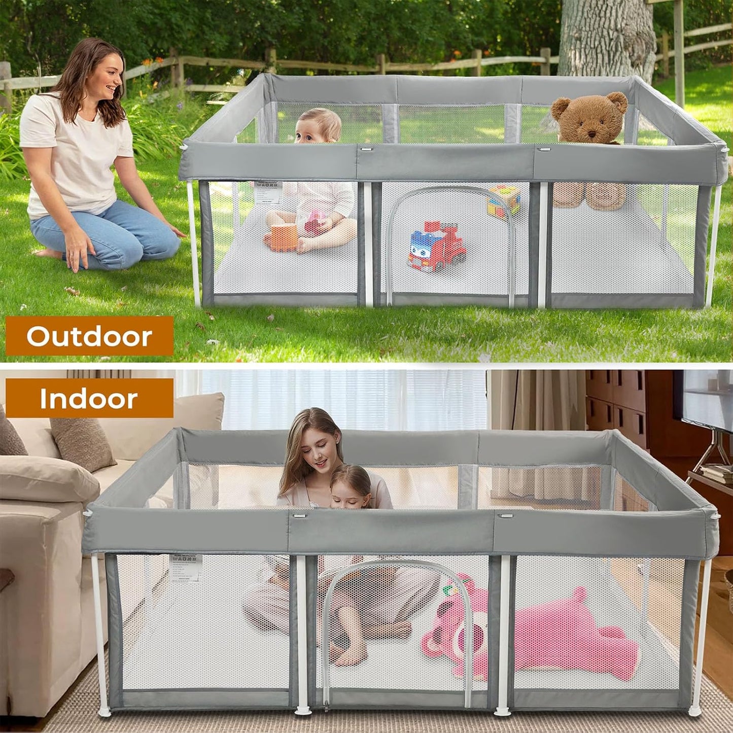 Bopeep Kids Playpen, Foldable Baby Fence, Toddler Play Yards for Indoor & Outdoor, Grey (120cm x 180cm x 65cm)