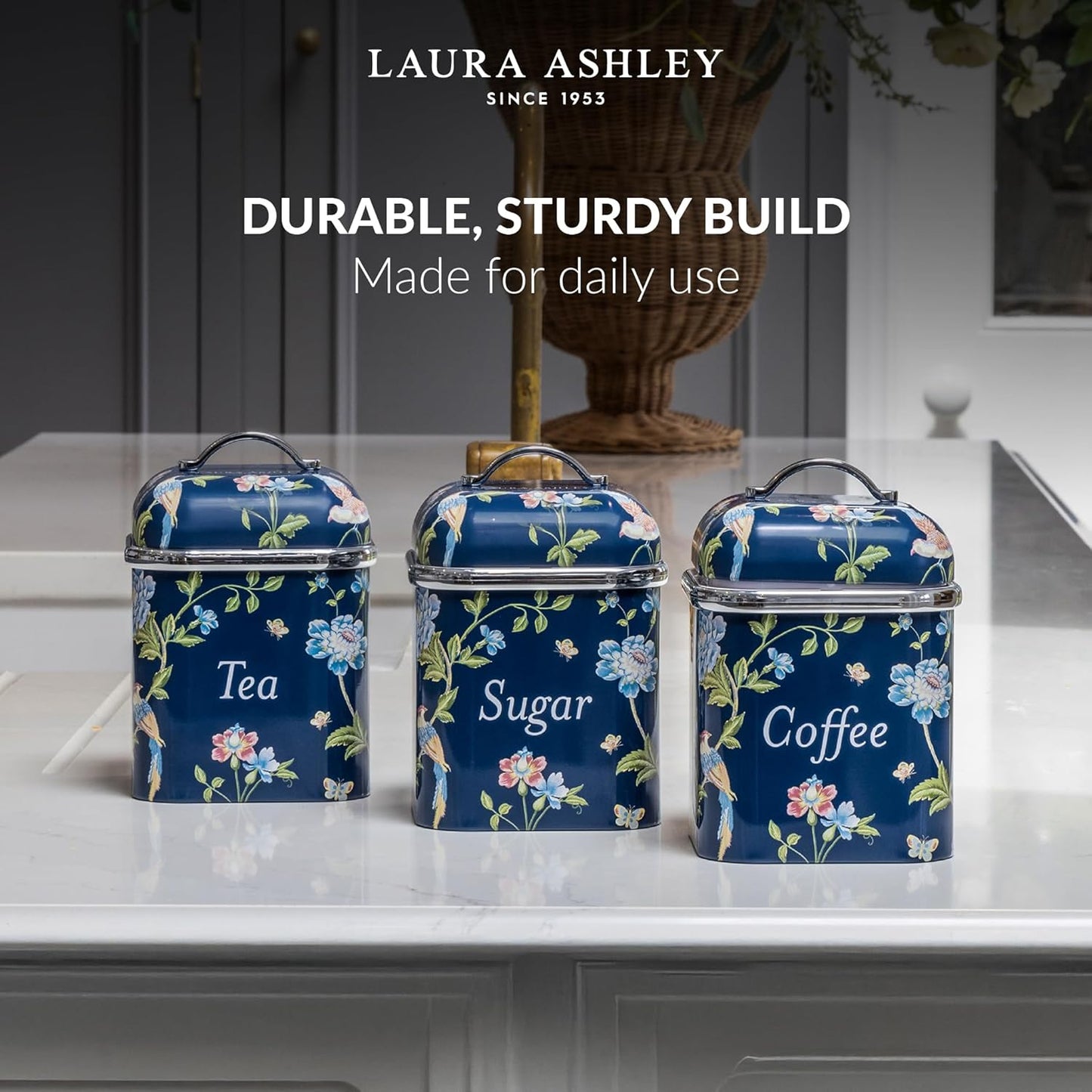 VQ Laura Ashley Tea Coffee and Sugar Canisters Set of 3 Stainless Steel Tea Sugar and Coffee Containers Set