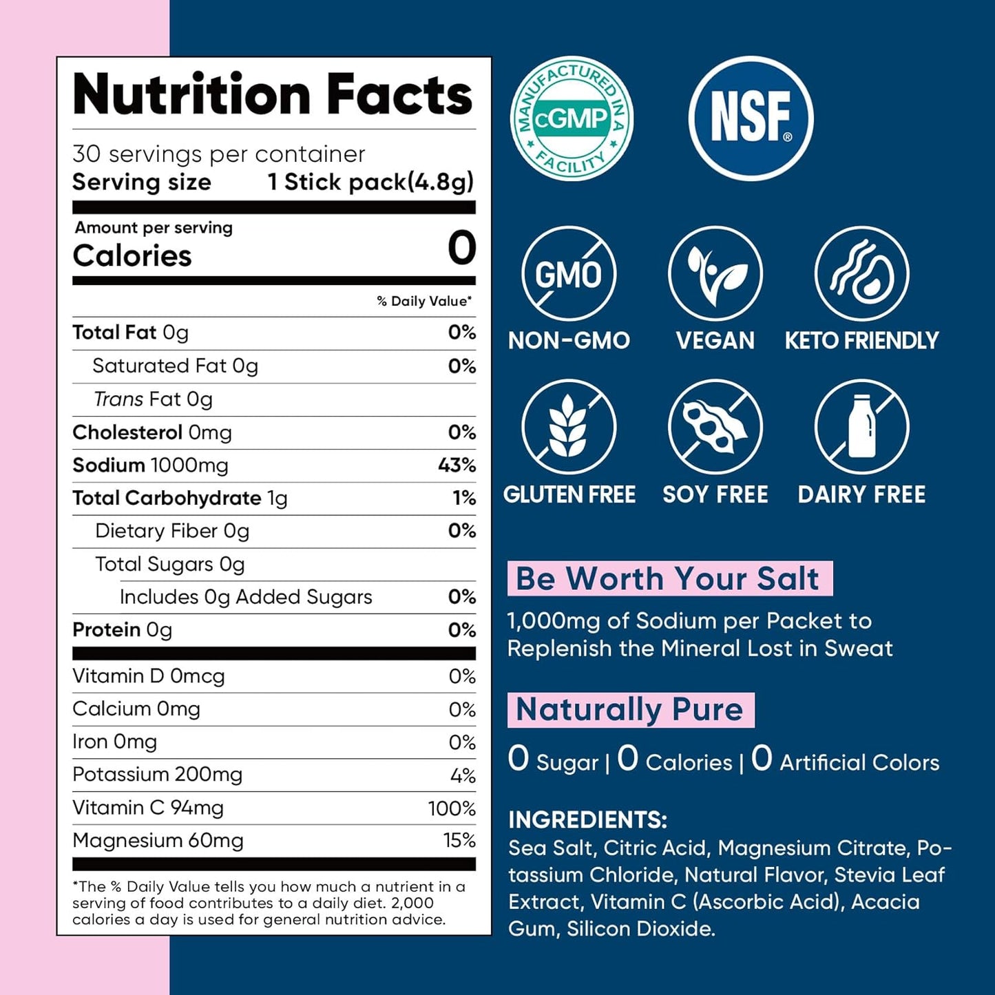 Venture Pal High Sodium Sugar-Free Electrolyte Powder Packets - Hydration Packets with Sodium, Potassium & Magnesium | Zero Calories | Vegan, Keto, and Paleo Friendly | 30 Sticks