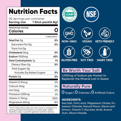 Venture Pal High Sodium Sugar-Free Electrolyte Powder Packets - Hydration Packets with Sodium, Potassium & Magnesium | Zero Calories | Vegan, Keto, and Paleo Friendly | 30 Sticks