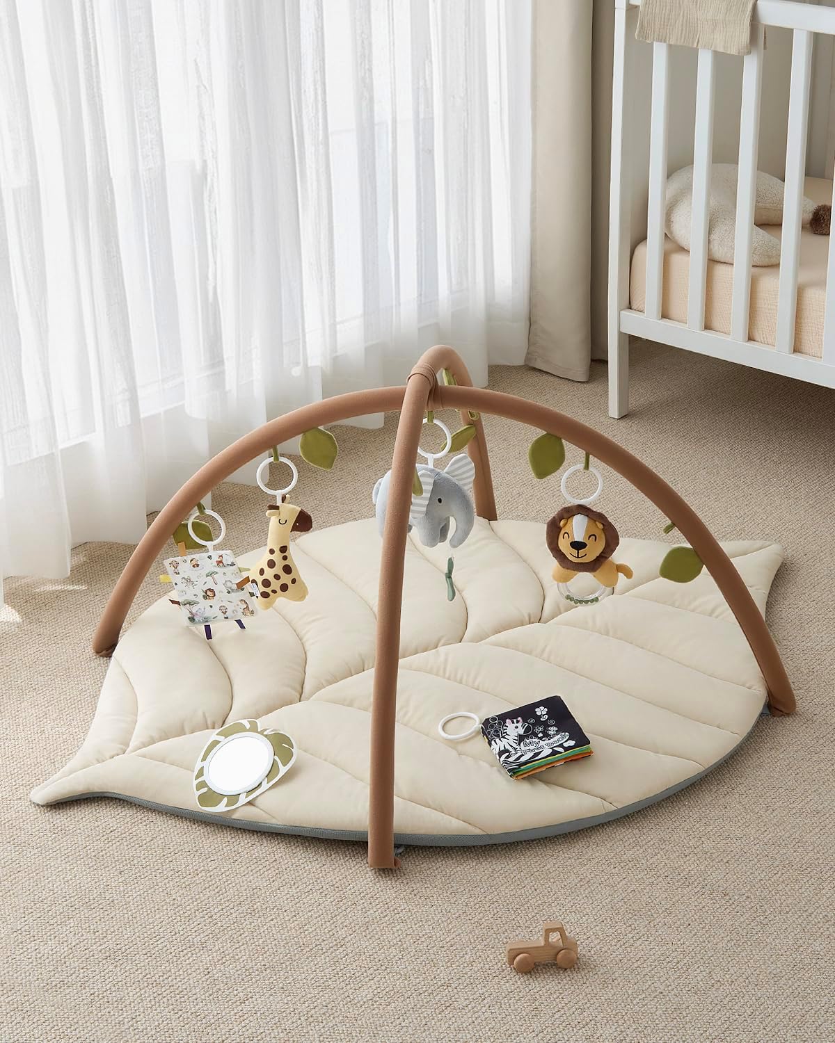 Baby Glide  Baby Play Gym & Activity Mat, Leaf Shaped Baby Tummy Time Play Mat with 6 Detachable Toys