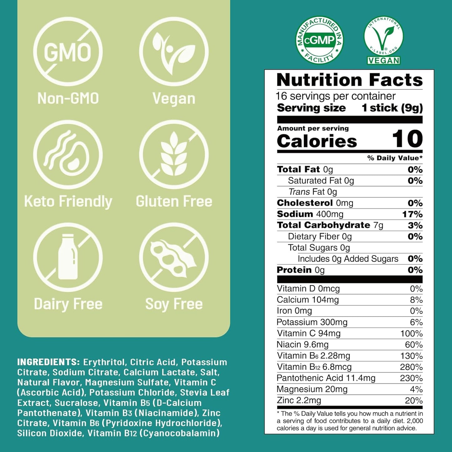 Venture Pal Sugar Free Electrolyte Powder Packets -| Non-GMO | Certified Vegan | 16 Sticks