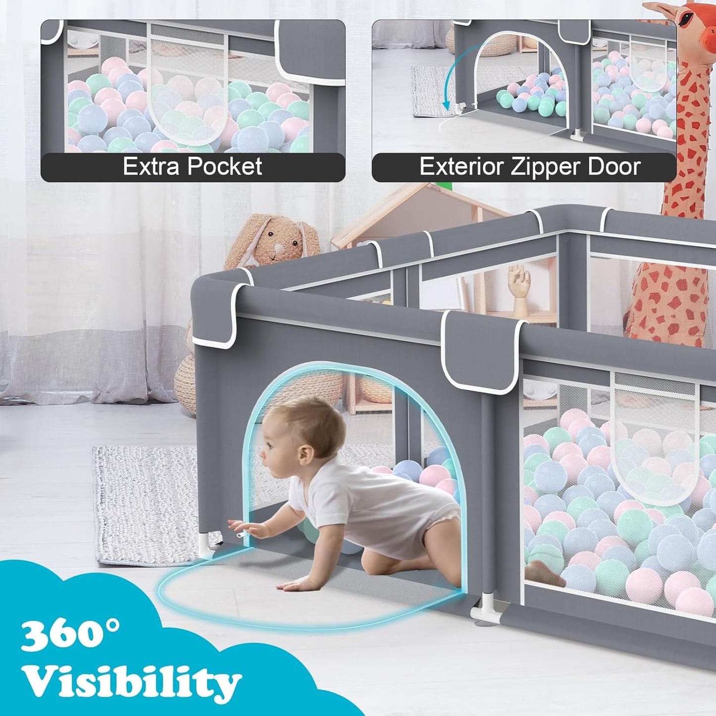 Advwin Baby Playpen 185 × 155cm,Large Playpen for Toddler (Gray)