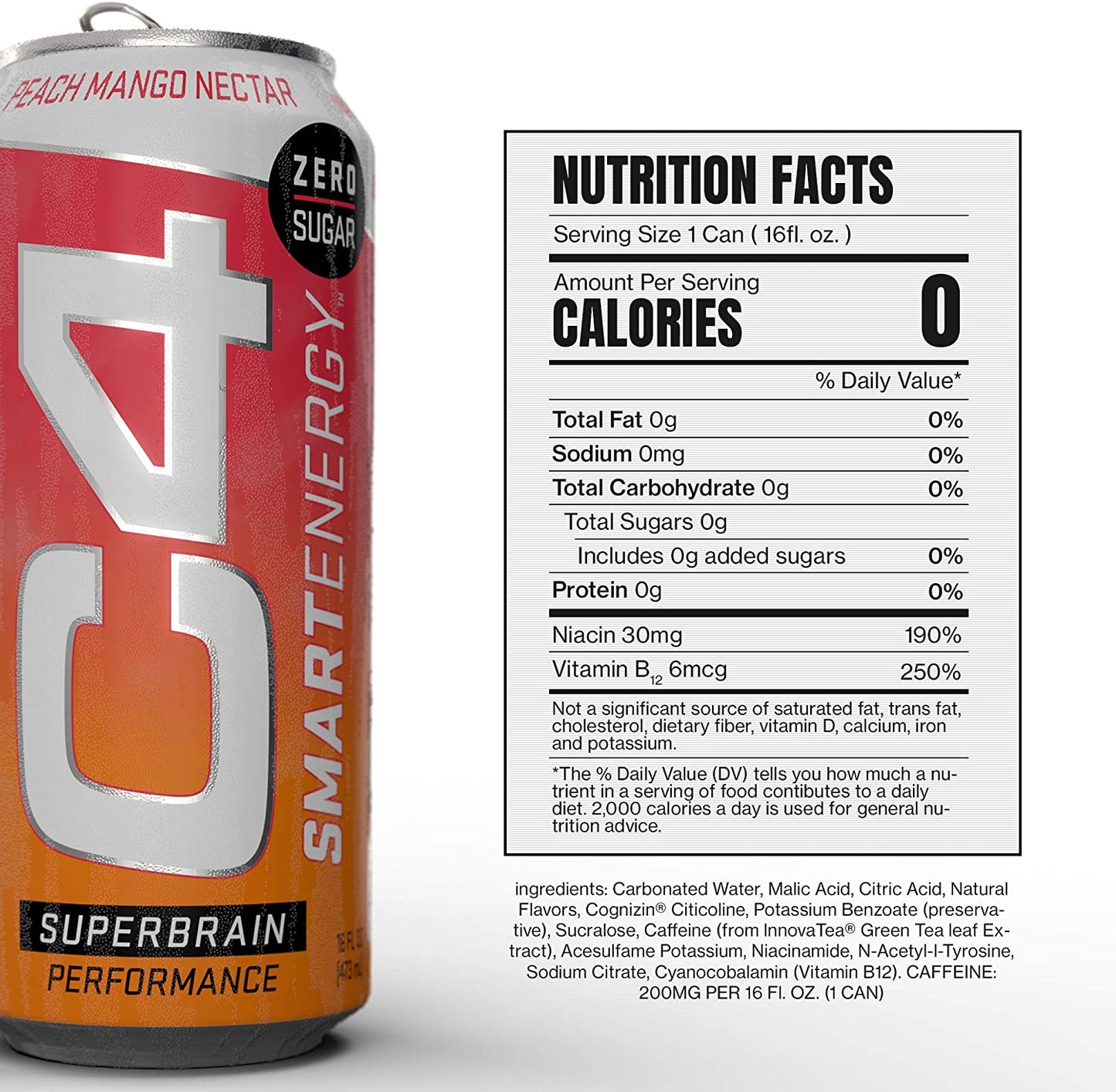 C4 Smart Energy Sugar Free Sparkling Energy Drink Peach Mango Nectar-473ml Pack of 12