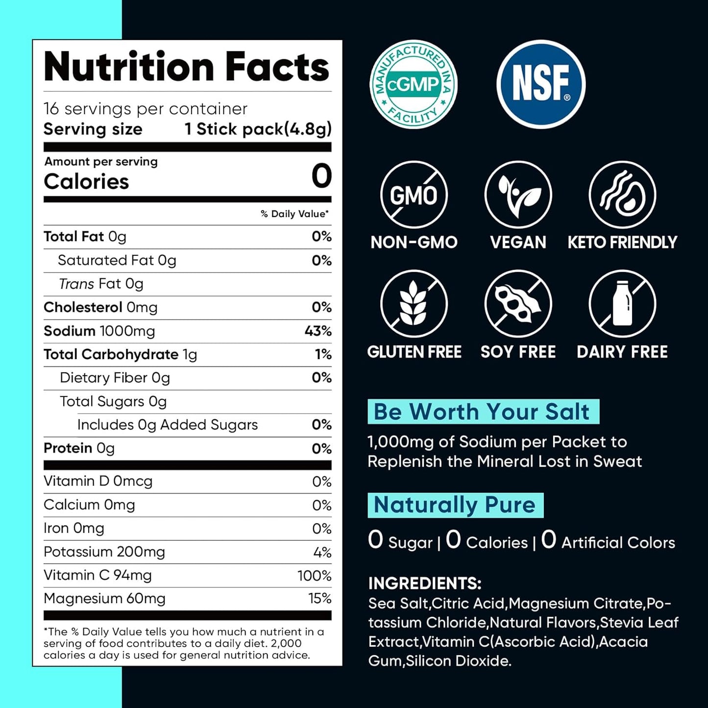 Venture Pal High Sodium Sugar Free Electrolytes Powder Packet, Zero Calories , Electrolyte Drink Mix
