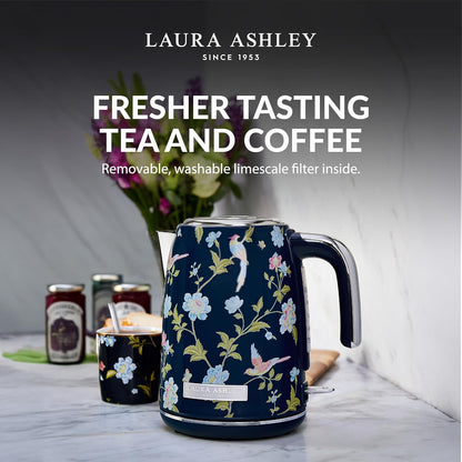 Laura Ashley Elveden Navy 1.7 Litre Stainless Steel Electric Kettle - 3KW Kettles Electric Fast Boil Quiet - Cordless Kettle with 360 Degree Power Base