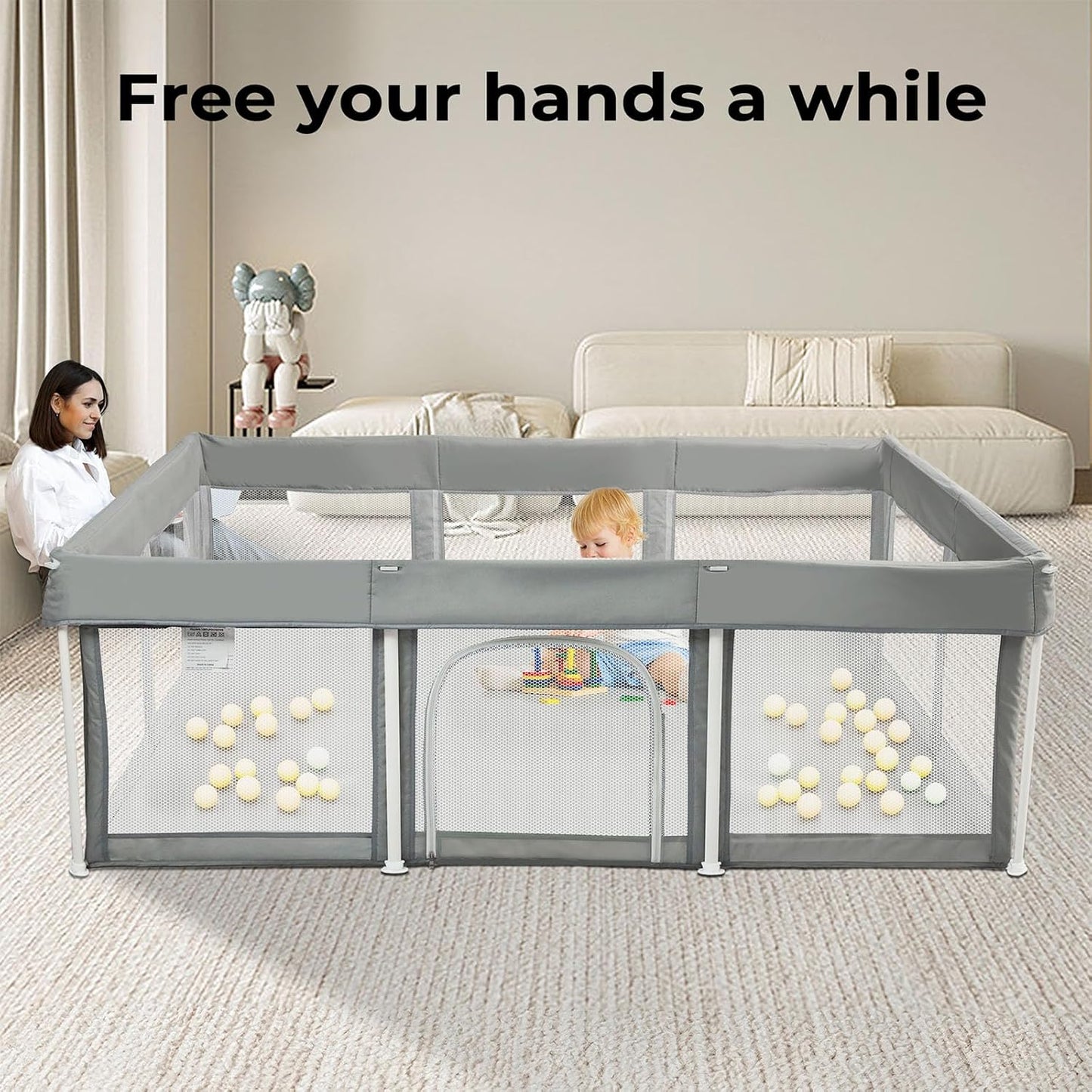 Bopeep Kids Playpen, Foldable Baby Fence, Toddler Play Yards for Indoor & Outdoor, Grey (120cm x 180cm x 65cm)