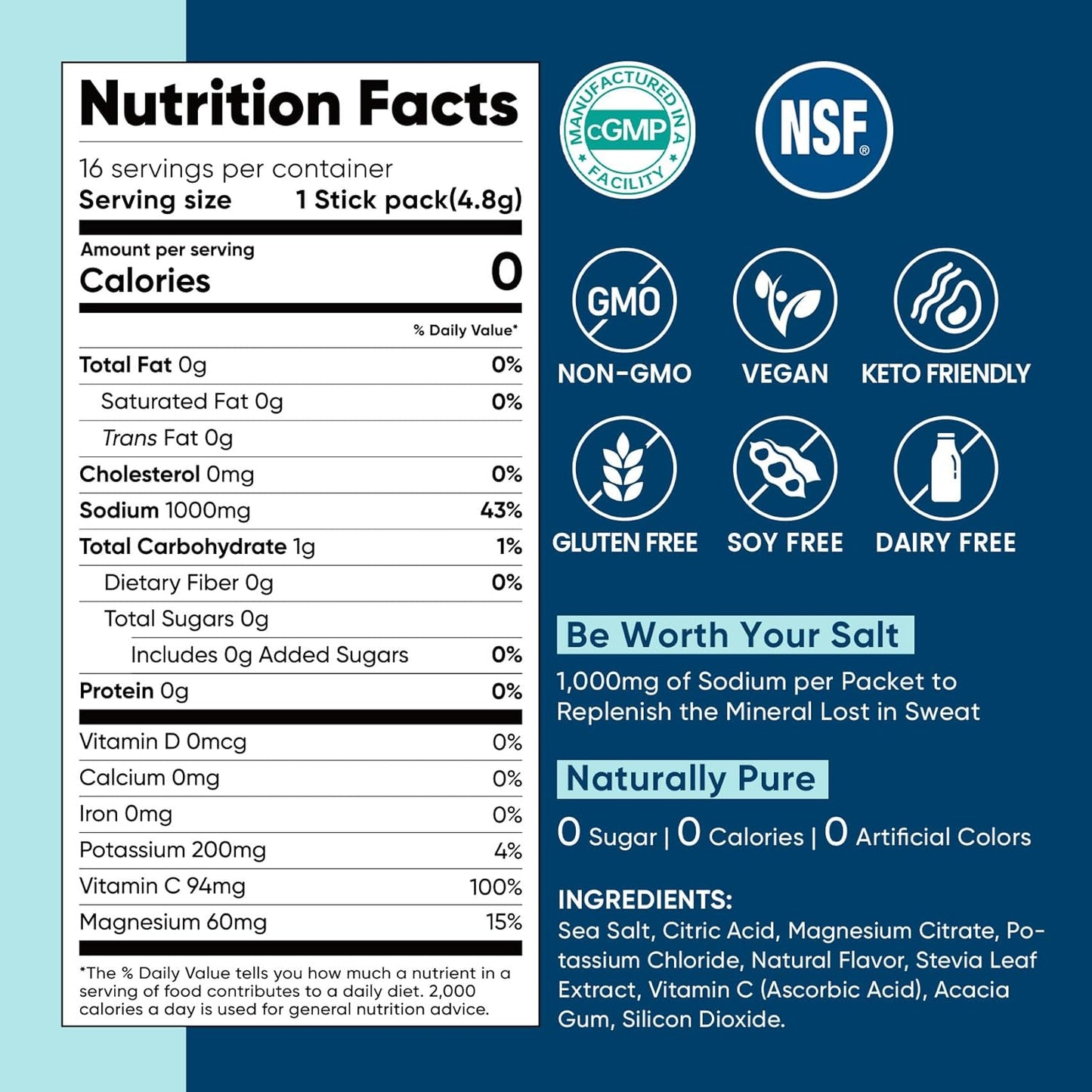 Venture Pal High Sodium Sugar-Free Electrolyte Powder Packets ,Zero Calories | Vegan, Keto, and Paleo Friendly | 16 Sticks