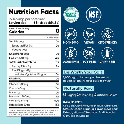 Venture Pal High Sodium Sugar-Free Electrolyte Powder Packets ,Zero Calories | Vegan, Keto, and Paleo Friendly | 16 Sticks