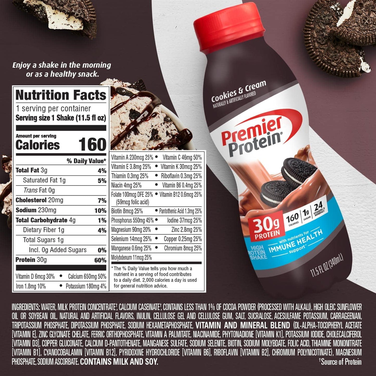 Premier Protein 30g Protein Shake, Cookies & Cream, 11.5 fl oz Shake, (12 count)