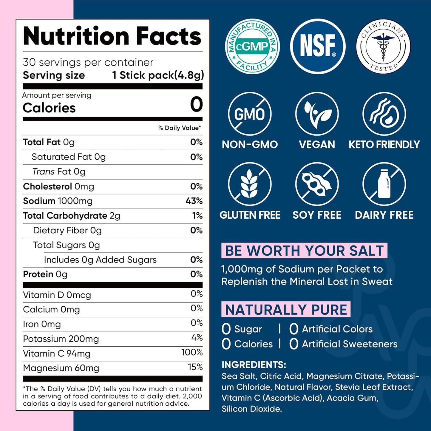 Venture Pal High Sodium Sugar Free Electrolytes Powder Packet, Vegan, Keto & Paleo Friendly Electrolyte Drink Mix - 30 Sticks